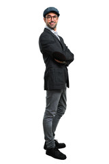 Fototapeta premium Handsome modern man with beret and glasses keeping arms crossed