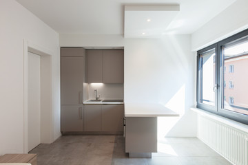 Fototapeta na wymiar Modern kitchen in total white apartment