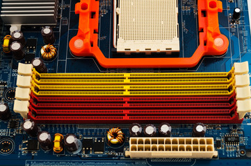 Contacts and connectors on the computer's motherboard for connecting RAM blocks and other...