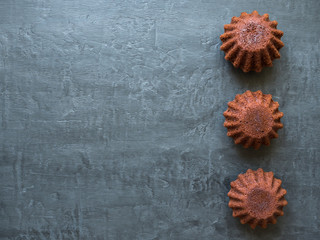 Chocolate muffins on dark textured background. Place for text