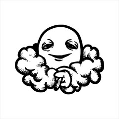 Etched illustration. Engraved sticker. Dark humor jokes. Contemporary street art work. Hand drawn sketch of a stoned dude with a joint in hand and in a cloud of smoke.