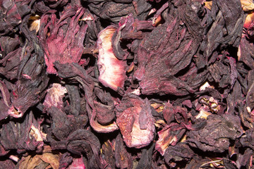 Tea carcade dried for brewing.The texture of the dried hibiscus tea.