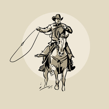 American cowboy riding horse and throwing lasso. Hand drawn illustration. Hand sketch. Illustration.