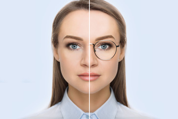 female face, cut in half to present before and after checking vision. Woman face without glasses...