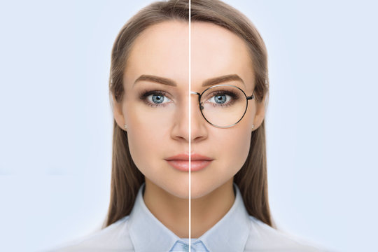 female face, cut in half to present before and after checking vision. Woman face without glasses and with glasses