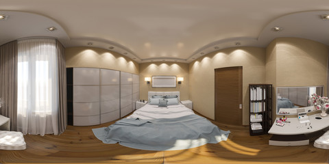 3d illustration spherical 360 degrees, seamless panorama of bedroom interior design. The design of the bedroom is in the Scandinavian style