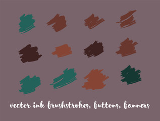Grunge Vector Paint Buttons Set. Modern Splats, Ink Banners, Hand Painted Smears. Hipster Graffiti Ads Backgrounds, Vintage Textured Doodles. Cool Smeared Borders, Vector Gouache Buttons Set.