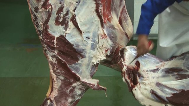 Butcher cuts cow meat