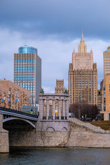 Fototapeta na wymiar Moscow, Russia - April, 10, 2018: city scape with the image of Moscow street and the building of Foreign affairs