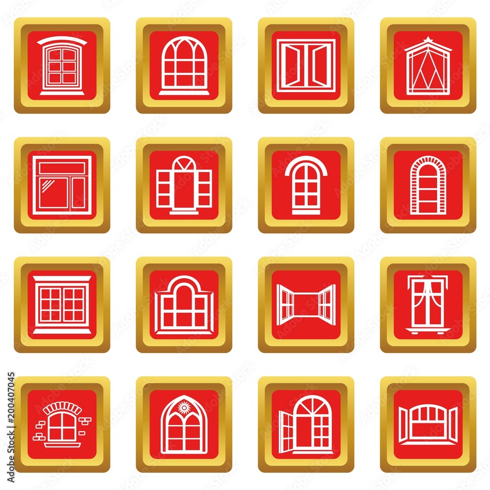 Poster window design icons set red square vector