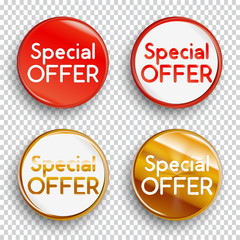 Set of color special offer buttons or badges on transparent background. Vector illustration.