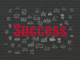 Business concept: Painted red text Success on Black Brick wall background with  Hand Drawn Business Icons