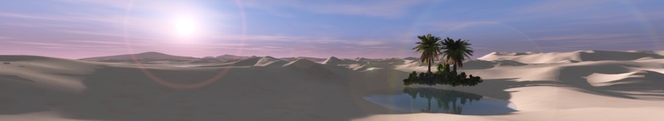 oasis at sunset in the sandy desert,
3D rendering
