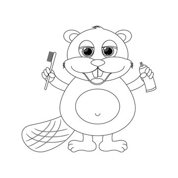 Colorles funny cartoon beaver. Vector illustration. Coloring pag
