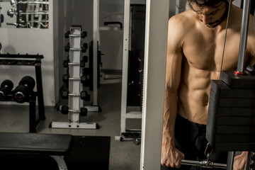Fototapeta premium Muscular man working out in gym doing exercises at triceps