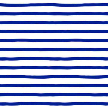 Hand drawn uneven sailor stripes, streaks, bars, strips seamless vector repeat pattern. Navy blue and white striped background. Doodle style sailor vest ornament.