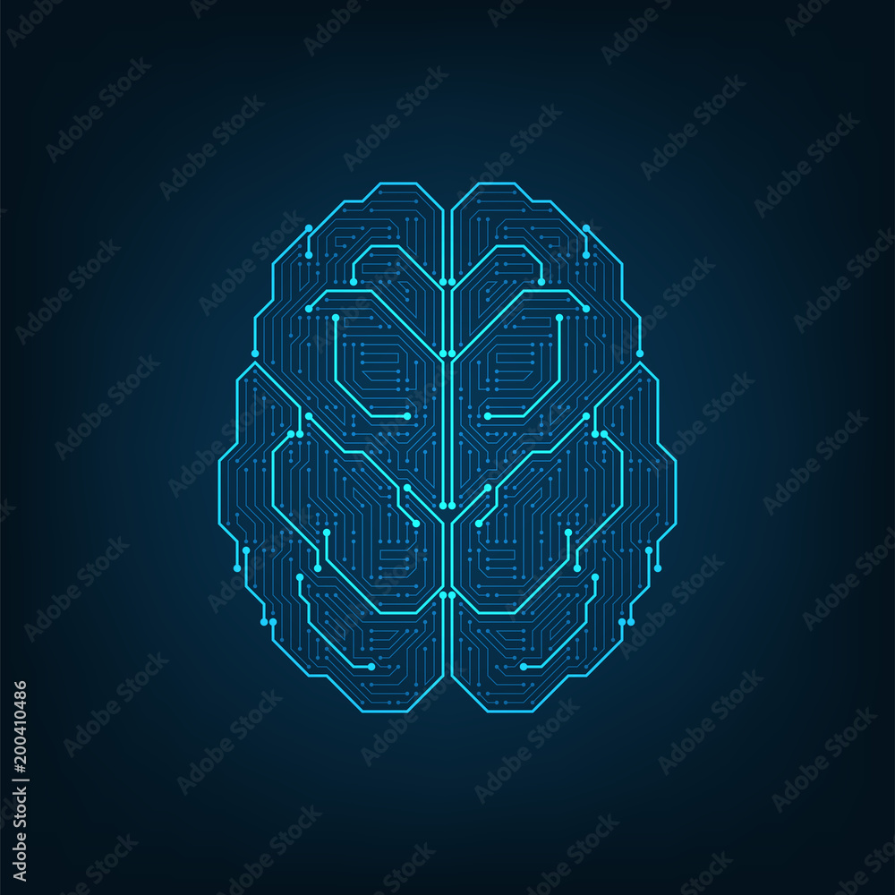 Poster electronic circuits in the brain pattern viewed from above.