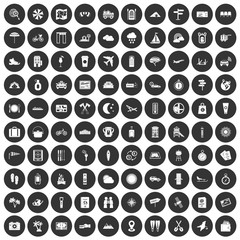 100 tourist trip icons set black circle