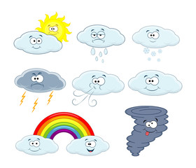 Cute cartoon vector clouds icons. Weather symbols collection. We