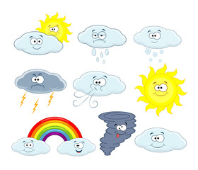 Cute cartoon vector clouds icons. Weather symbols collection. We