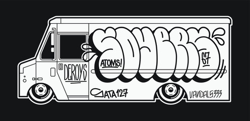 Graffiti on the truck. Monochrome vector illustration for print on t-shirt.