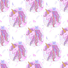 Cute pattern seamless vector unicorn for prints. To print a poster, clothes, for a children's room and more. White background.