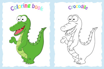 Coloring book page for preschool children with colorful crocodil