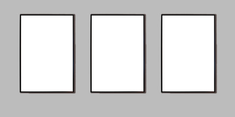 Mock up three black frame for picture, advertisement or poster on a gray wall