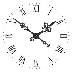 Elegant clock face with roman numerals and tick marks placed on a white background