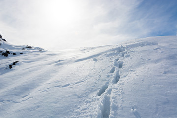 Fototapeta na wymiar Steps to peak covered in snow
