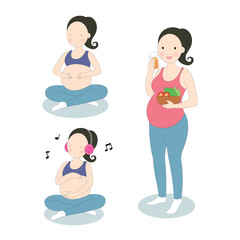 Cartoon cute actions woman pregnancy, Meditate, Listen to music, Eat useful food  vector.