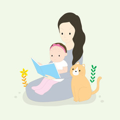 Cartoon cute mom reading book with her baby and orange cat vector.