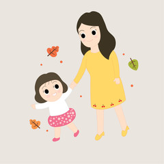 Cartoon cute mother and little girl are walking in the garden vector.