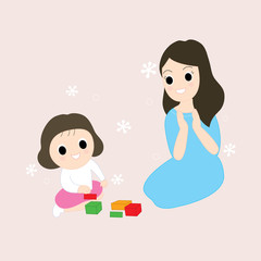 Cartoon cute mother and little girl playing box together vector.