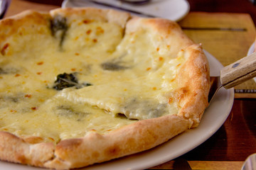 Delicious cheese pizza on the plate in a restaurant. Hot and ready to eat, with basil leaves and moldy blue cheese.