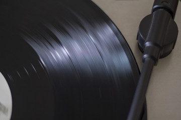 Vintage Record Player With Spinning Vinyl. Top View