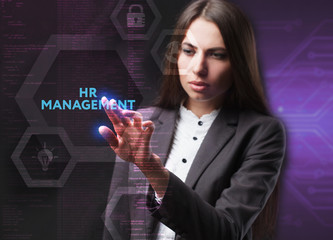 The concept of business, technology, the Internet and the network. A young entrepreneur working on a virtual screen of the future and sees the inscription: HR management