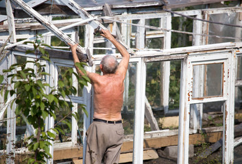 The old man works with a greenhouse in the country