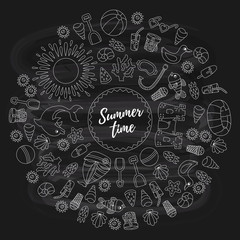 Summer bach toys vacation icons line round frame vector doodles collection