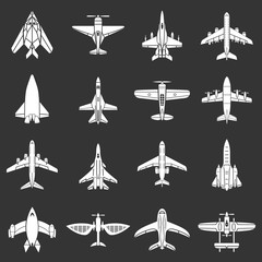 Airplane top view icons set grey vector