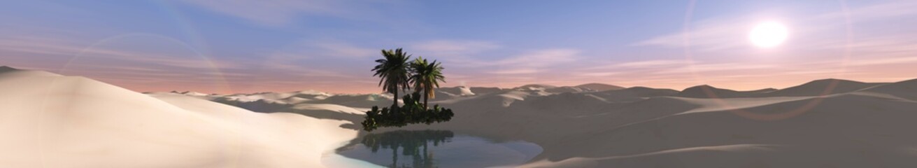 Fototapeta na wymiar oasis at sunset in the sandy desert, 3D rendering 