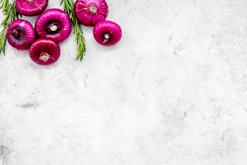 Red onion for salads on grey background top view copy space