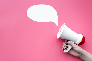 Statement concept. Megaphone near blank cloud for text on pink background top view copy space mockup
