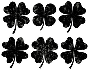 Black vector four leaf clover silhouettes with texture for cards, Saint Patrick's day designs and icons