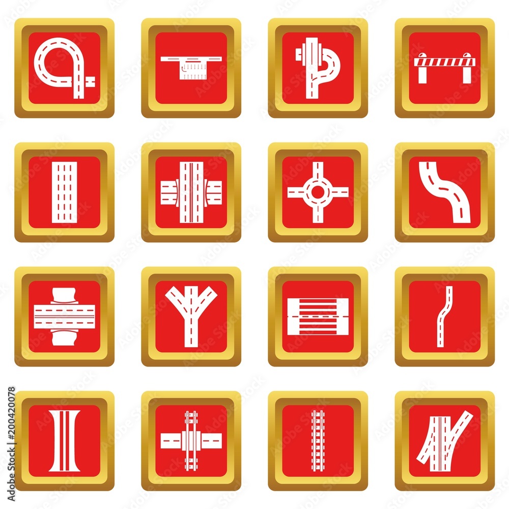 Poster road parts constructor icons set red square vector