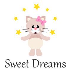 cartoon cute cat girl with bow and stars with text