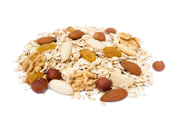 Mix nuts, raisins and oatmeal isolated on white background