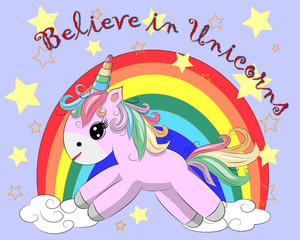 The cute magic Unicorn and fairy elements collection. Inscription Believe in Unicorns