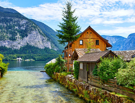 Hallstatt, Austria. Traditional Wooden Austrian House Near River