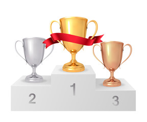 The winner's cups. White winners podium. Pedestal. Set of realistic gold, silver, bronze cup. Vector illustration